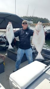 Two large Pacific Halibut caught on fishing boat in Charleston OR