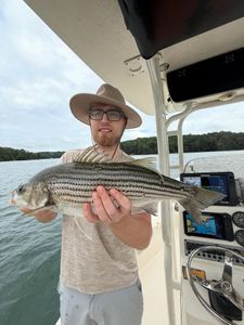 A person fishing for a striped bass in Cumming