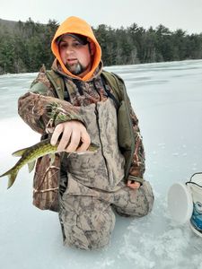 Ice fishing on frozen lake in Forest Inn PA with small fish catch