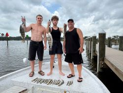 Successful fishing trip in Gulf Shores AL with Black Drum and Speckled Trout catch displayed on boat deck