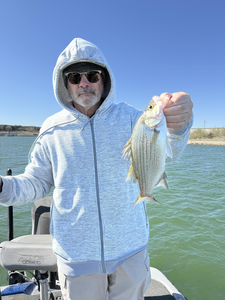 Reeling in a fresh catch on the lake.