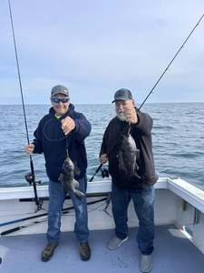 Two sea bass fish caught by two people in NJ