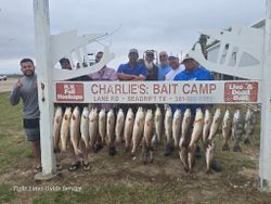 Large catch of redfish and black drum displayed at Charlie's Bait Camp in Point Comfort TX after successful fishing trip