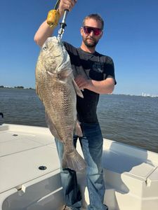 Black drum fishing catch held on boat deck in Port Arthur TX waters