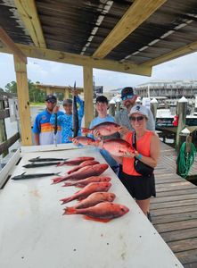 A group of 5 people catching 4 big fish while fishing in Gulf Shores