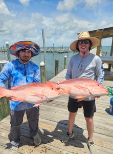 Two large red snapper caught fishing in Gulf Shores AL displayed on marina dock