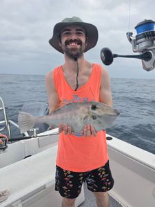 Angler holding caught fish on fishing boat in Orange Beach AL waters