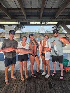 Fishing group displaying red snapper and atlantic bonito catch on boat deck in Orange Beach AL
