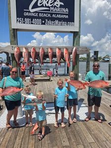 Fresh caught red snapper and other fish displayed at Zeke's Marina in Orange Beach Alabama after successful fishing trip