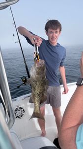 A fishing guide holding a gag grouper in Florida