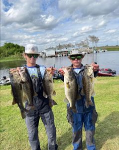 Two anglers posing with three largemouth bass and florida bass in FL