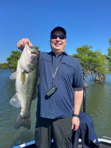 Large bass fish being held up after successful fishing catch in North Myrtle Beach SC