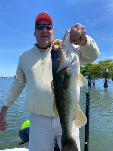 Large bass fish being held up after being caught while fishing in North Myrtle Beach SC
