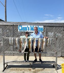 Fishing charter displaying catch of redfish at marina in Corpus Christi TX