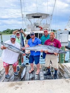 Successful wahoo fishing trip in Morehead City NC with large catch displayed on dock
