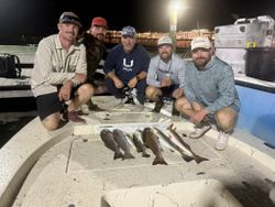 Successful night fishing trip displaying caught redfish on boat dock in Panacea Florida