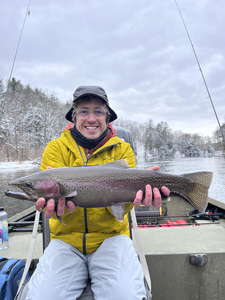 Nice rainbow trout on the fly today! Winter fishing conditions were exciting with snow clearing up.