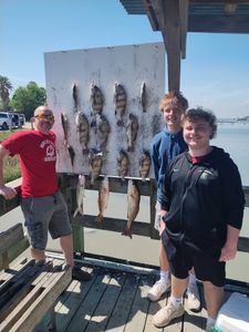 Successful fishing trip displaying caught redfish and black drum on cleaning board in Corpus Christi TX
