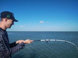 Fishing rod bent with fish on line in Corpus Christi TX waters