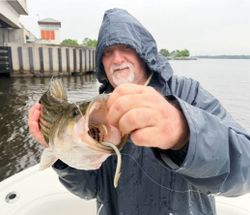 Angler holding caught fish on boat in Oriental NC waters during fishing charter