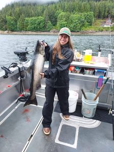 Photograph of a 30-inch pink salmon caught while fishing in Big Rapids