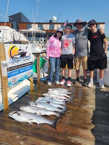 Successful chinook salmon fishing charter displaying fresh caught fish on dock in Port Washington WI