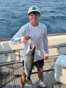 Rainbow trout catch displayed on fishing boat in Port Washington WI