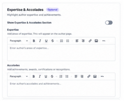 Author profile form showing expertise and accolades section with text input fields for professional achievements
