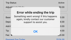 Error message dialog box displayed on mobile fishing charter booking app screen