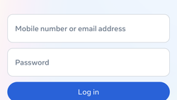 Login screen with mobile number or email address field, password field, and blue log in button