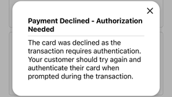 Payment declined error message popup showing authorization needed for card transaction