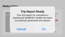 Trip report notification dialog showing successful booking confirmation
