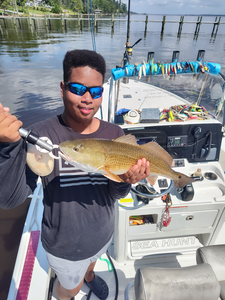 Light tackle triumph: Redfish hooked under New Bern's moody skies!
