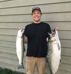 Two Coho and Chinook salmon, 23 inches long, caught while fishing in East Chicago