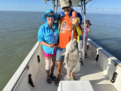Nice black drum using light tackle and trolling techniques. Clear conditions made for great fishing!
