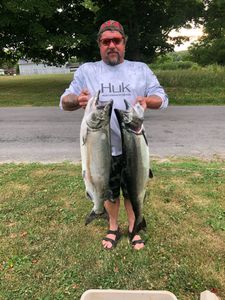 Two coho salmon and chinook salmon being held up by a person in NY