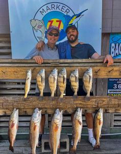 Eleven fish including redfish, black drum, and speckled trout displayed on wooden dock in Corpus Christi TX