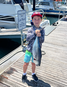 Little tunny fish catch displayed on marina dock with boats in background