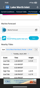 Marine forecast and tide information display for Lake Worth Inlet fishing conditions