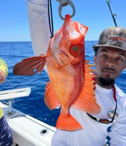 Large red fish caught on fishing hook aboard boat on ocean