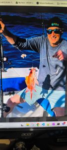 Freshly caught fish displayed on fishing boat deck with fishing rod and ocean water visible