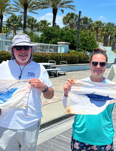 Two anglers holding a fresh catch fish after a successful fishing trip