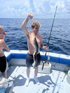 Fresh caught fish displayed on fishing boat deck with fishing rod