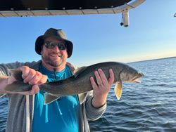A fisherman catching a lake trout at Cumberland Head