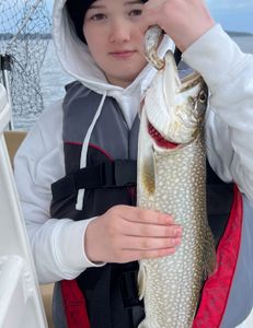 A lone lake trout, 18 inches long, caught while fishing in NY.