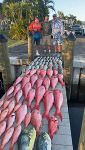 Large catch of red snapper and mahi mahi displayed on fishing dock in Fort Myers FL