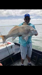 Angler catching a 30-inch black drum fish in Port O'Connor