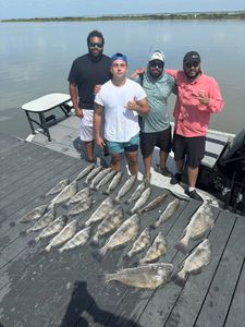 Successful fishing trip in Corpus Christi TX with large catch of black drum and speckled trout displayed on boat deck