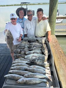 Fishing catch of black drum and speckled trout displayed on dock in Corpus Christi Texas