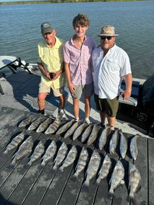 Successful fishing trip in Corpus Christi TX showing catch of black drum, speckled trout, and redfish laid out on dock